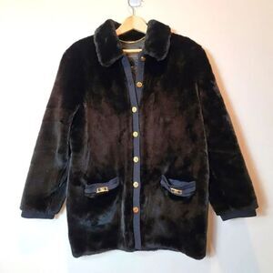 St. John Black Faux Fur Gold Tone SJ Button Trim Luxury Designer Coat Size S